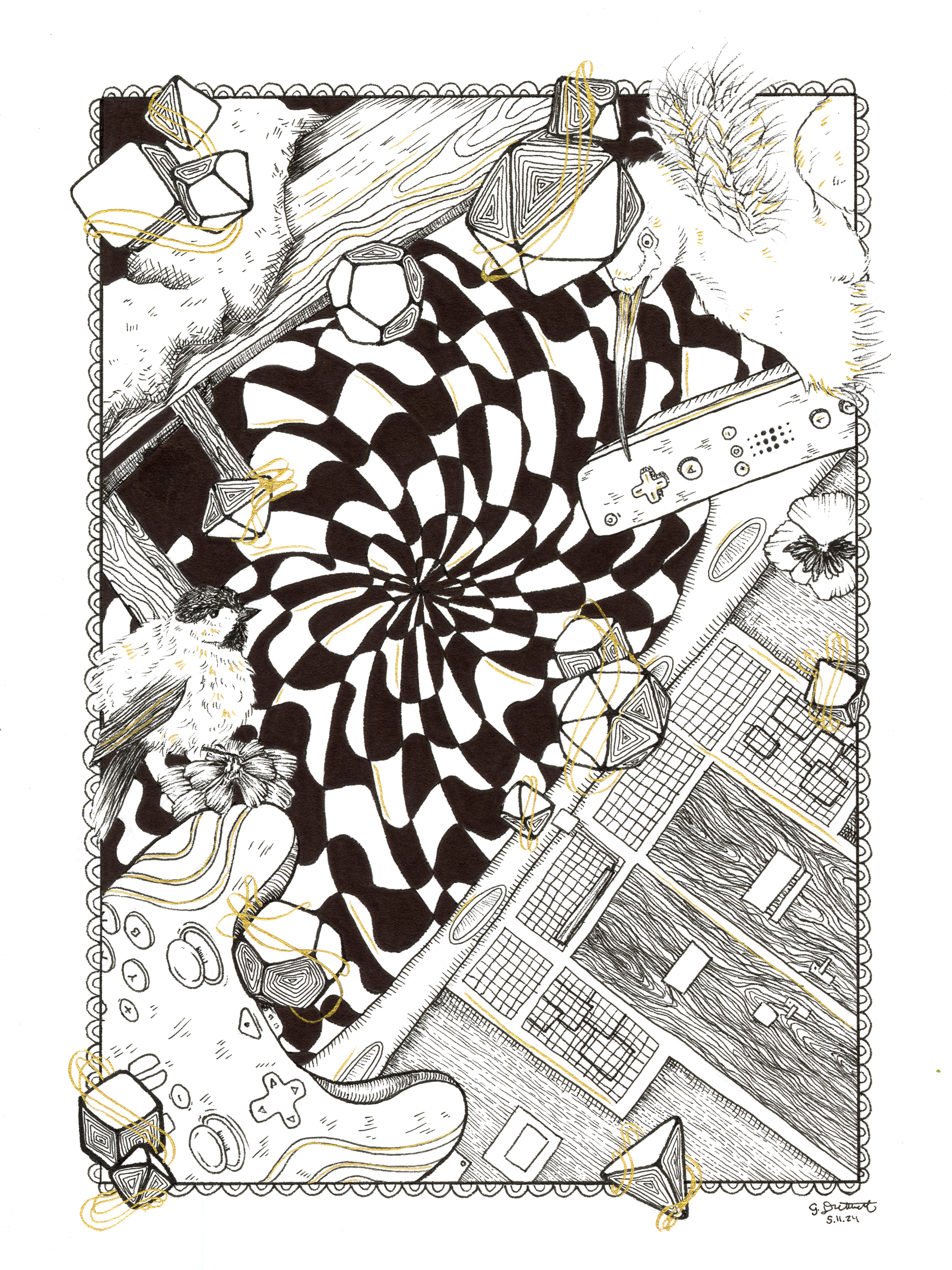 miscellaneous objects, birds, and backgrounds layered over a distorted checkerboard with metallic gold accents